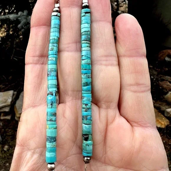Sundance $148 NEW 4" Turquoise Heishi Sterling Silver Handmade Beaded Earrings - Picture 1 of 12